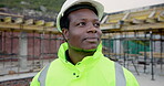 Construction, man and smile with site inspection for compliance, progress and building approval. Architect, black person and renovation evaluation for structural integrity, quality control and safety