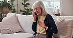 Phone call, telehealth or old woman in house with chest pain, sick or discomfort in online consultation. Illness, worry or senior person with tech, lung infection or health advice in digital service.