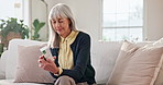 Reading, medicine and old woman in home with box, supplements benefits and side effects information. Elderly person, check drugs and pharmaceutical product for healthcare, multivitamin and pills.