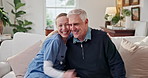 Face, happy and old man at house with caregiver, assistance and support for medical advice. Portrait, nurse and senior person in lounge with embrace, assisted living and elderly care for healthcare
