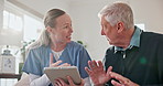 Senior man, healthcare and caregiver with tablet in nursing home, smile and explaining test results. Assisted living, help and nurse with tech for treatment plan, happy and talk with elderly person