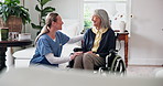 Caregiver, laugh and old woman in home with wheelchair, discussion and checkup for rehabilitation. Smile, nurse and senior person with disability, assisted living and funny feedback for physiotherapy
