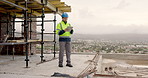 Architect, research and man with tablet on building site, info and planning for property development. City, civil engineering and person with technology, reflection and renovation ideas on website