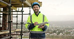 Architect, face and happy man with tablet on building site, online and plan for property development. Civil engineering, portrait and person with tech, smile or renovation research on website in city