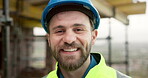 Face, man and smile on site for construction supervision, renovation project or scaffolding safety. Foreman, happy and inspection outdoor for building development, masonry quality control or about us