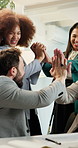 Business, team or excited with high five in office for campaign results, positive feedback or goals. Marketing manager, people or tablet with celebration for pitch approval, ad performance or meeting