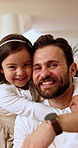 Face, father and kid at house with hug, love and parental affection for bonding together. Portrait, man and embrace in living room with daughter, family connection and development for weekend break