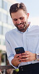 Employee, texting and happy man with phone, city or chatting with contact for real estate investment. Typing, message and business person with mobile, realtor and communication on social media app