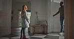 Kid, waiting and father at house with smile, anticipation and affection for homecoming. Lonely, daughter and embrace with man for welcome home, greeting family and bonding together for parent arrival