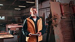 Carpentry, tablet and walking with man in warehouse for agenda, digital schedule or timetable. Information, scrolling app and thinking with mature person in woodworking factory for online planning