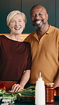 Cooking, face and smile of interracial couple in kitchen together for diet or healthy eating. Food, hug and ingredients with mature people at counter in apartment for meal preparation or nutrition