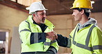 Tablet, happy and men handshake in carpentry for inspection pass, shopfitting or approval. Tech, inspector or carpenter shaking hands for risk assessment, compliance or safety clearance in warehouse