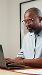 Laptop, documents and black man in home with remote work for finance report with budget plan. Computer, paperwork and mature financial manager with freelance career for investment proposal in house.