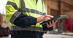 Hands, tablet and architect at construction site for building development, inspection or design info. Scroll, tech and person with engineering review, digital schematic and architecture evaluation