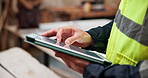 Hands, architect and scroll tablet at construction site for building development, inspection or design. Tech, person and engineering review, digital schematic and architecture evaluation with info
