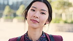 Smile, outdoor and face of businesswoman in city with confidence for legal career with growth. Professional, job opportunity and portrait of Asian attorney with pride for about us in law case in town