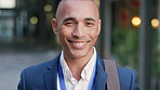 Outdoor, confidence and businessman with smile on face, stock market consultant and trading career. Portrait, city and trader with pride for asset management, investing advice or risk mitigation