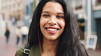 Happy, headphones and face of businesswoman in city with confidence for creative career with growth. Music, job opportunity and portrait of female fashion designer with pride for about us in town.