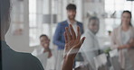 Presentation, woman and meeting with business team for coaching, discussion or question in office. Female person, speaker or group with hands raised for answer, interaction or engagement in workplace
