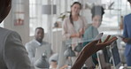 Presentation, man or meeting with business people for coaching or training staff in office. Male person, speaker or discussion with group for workshop, team strategy or proposal together in workplace