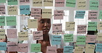Woman, planning and schedule with sticky notes in office for task priority or business workflow. Female person, planner or brainstorming with ideas, reminder or agenda for project or work delegation
