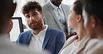 Meeting, discussion and businessman in office for investment, finance planning and proposal. Collaboration, conversation and financial management people with partnership for revenue and report