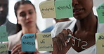 Business, woman and writing on glass in meeting for training, planning and schedule for accounting. People, discussion or notes in office for coaching, brainstorming and ideas for investment proposal