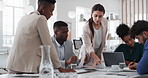 Meeting, documents and business people in office for research on finance report for budget planning. Discussion, paperwork and team of financial advisors with investment proposal review in workplace.