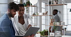 Tablet, window and business people in office with discussion for review on investment proposal. Meeting, technology and financial advisor with manager for feedback on revenue report in workplace.