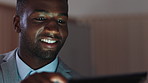 Office, business and black man on tablet at night for finance review, proposal and budget planning. Corporate, space and person on tech for investment research, financial report and audit deadline