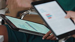Hands, meeting and investor in meeting, tablet screen for revenue charts and investment deal. Financial advisor, stock market and people in office, tech and graphs for economy growth and profit stats