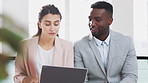 Review, manager or employee with laptop in office, feedback or mentoring for investment proposal. Reading, smile or business people with advice for venture project, pc or suggestion for capital plan
