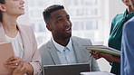Funny, meeting and business people in office, smile and teamwork for campaign project. Group, tech and employees in workplace, conversation and laughing with proposal for revenue growth and happiness