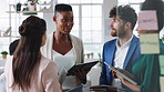 Tablet, talking or meeting with business people in office for market research, audit report or advice. Investment review, collaboration or online with employees in agency for feedback or discussion