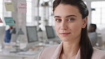 Businesswoman, face and confidence in office with pride, glass wall and planning at agency. Female person, corporate or professional portrait with coworking, project expert and about us for career
