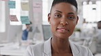 Businesswoman, face and workplace for planning, confidence and team leader by glass wall. Female person, corporate or professional portrait with project, coworking and about us for career growth