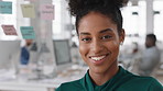Creative, business and face of woman in office with smile, about us and career at advertising agency. Happy, professional and portrait of person laugh for task manager, brand consultant and marketing
