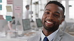 Creative, business and face of man in office with smile, about us and career at advertising agency. Happy, professional and portrait of person laugh for task manager, brand consultant and marketing