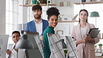 Business people, team and happy in office at startup with diversity, computer and career at company. Group, smile and tech with collaboration, synergy and support for project at creative agency