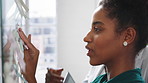 Creative, team and businesswoman with sticky notes in office, meeting and reading marketing strategy. Advertising, brand manager and happy people with info for project, brainstorming or collaboration