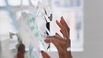 Hands, glass wall and sticky note at startup with review, planning or project management at office. Person, paper and link for solution, proposal or problem solving with schedule at creative agency