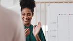 Woman, presentation and team with applause for celebration in office meeting at insurance company. Person, broker and speaker with staff, success or motivation with goals at risk management agency