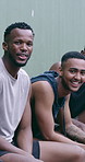 Happy, men and face with break on basketball court for outdoor sport, rest or game preparation. Portrait, male people or athletic players with smile on bench for competition, practice or training
