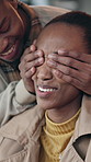 Happy, eyes closed and black couple in cafe for surprise with romantic date, bonding or connection. Smile, kiss and man with woman for guess game with hands on face for love in marriage at restaurant