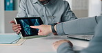 Tablet screen, xray and hands of doctor with person in hospital for treatment plan, healthcare or explaining. Technology, consultation and medical worker with patient for radiology scan in clinic.