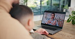 Family, video call and doctor at house with laptop screen, consultation and symptoms for diagnosis. Father, child or pediatrician in home with pc, online appointment and webinar for healthcare advice