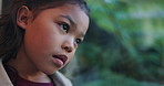 Thinking, sad and kid by window in home with reflection of trauma, bad memory and loneliness. House, childhood and child with thoughtful, sigh and upset emotions for separation, alone and worry
