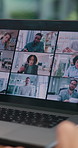 Hands, laptop and online meeting with screen for remote work from home, team and staff on web. Business people, computer and group with virtual conference, contact and talk for feedback at apartment