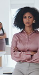 Women, face and fashion with empowerment in office for business mindset or confidence together. Portrait, female people or professional team with arms crossed or timelapse for growth in workplace