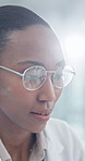 Glasses, doctor or black woman with stress in clinic, medical service burnout or healthcare pressure. Eyewear, tech reflection or gp with mistake for patient diagnosis, disappointed or review results